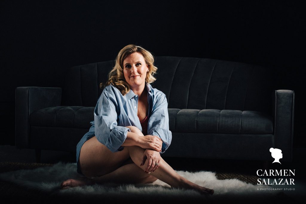 Do Something for You; Woman in denim long sleeved button shirt, Sacramento Boudoir Photography by Carmen Salazar